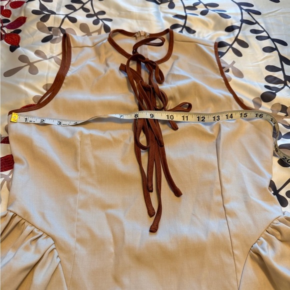 Beige & Brown Three Tie Bow Design Mini Dress spring summer ruched waist - Picture 7 of 7